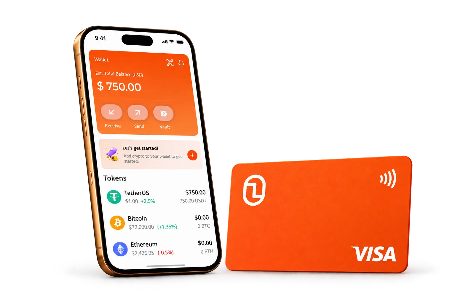 Finyon Wallet app beside an orange Finyon Pay Visa card