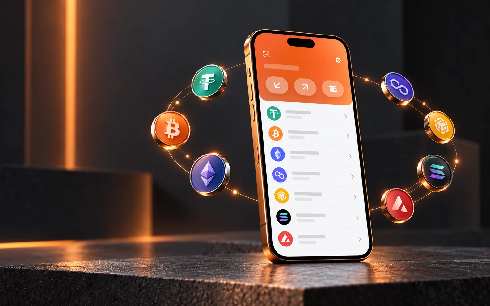 Finyon Wallet phone surrounded by tokens from multiple blockchain networks